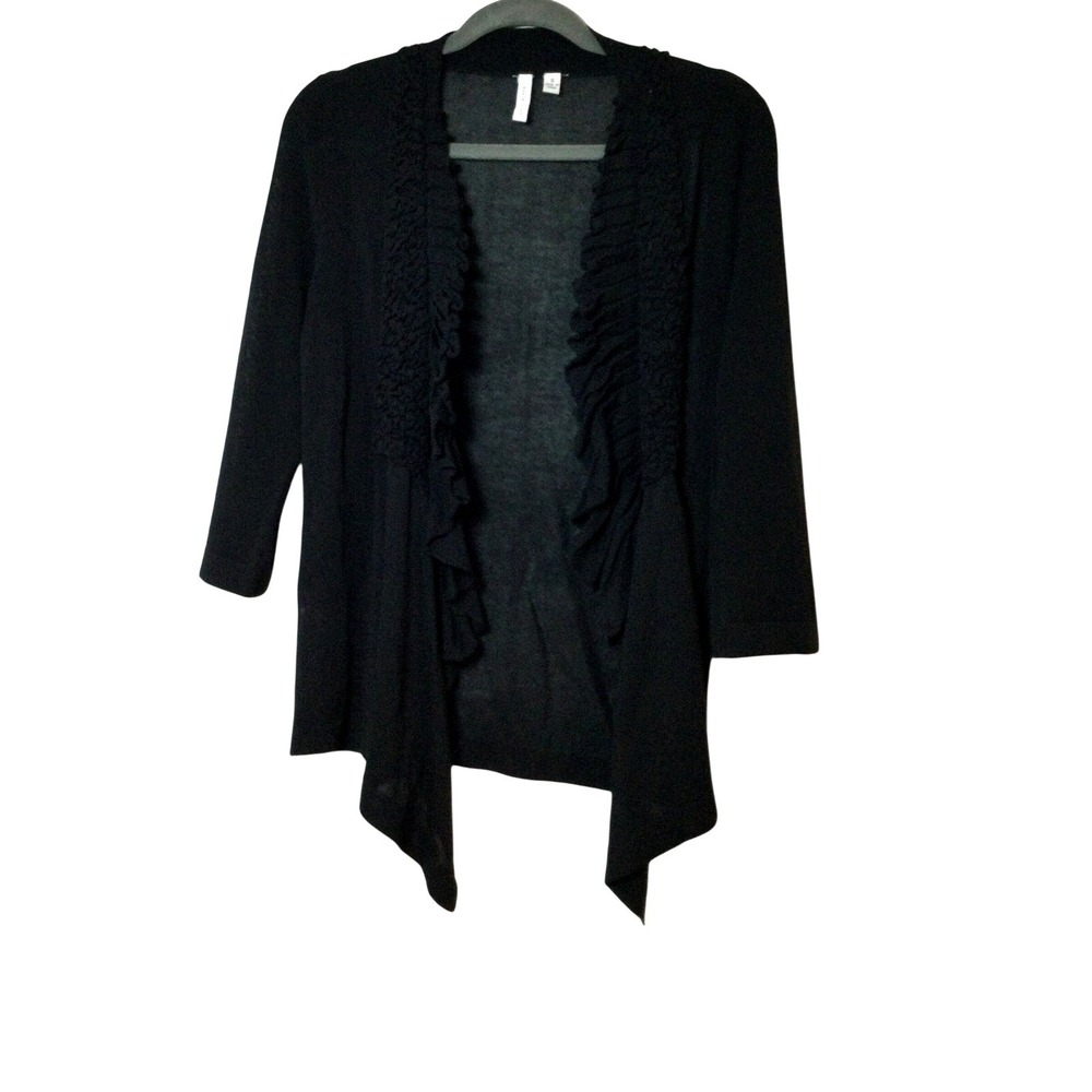 Beatrix-Ost  Black Ruffle Open Front Cardigan Lightweight Knit Size S